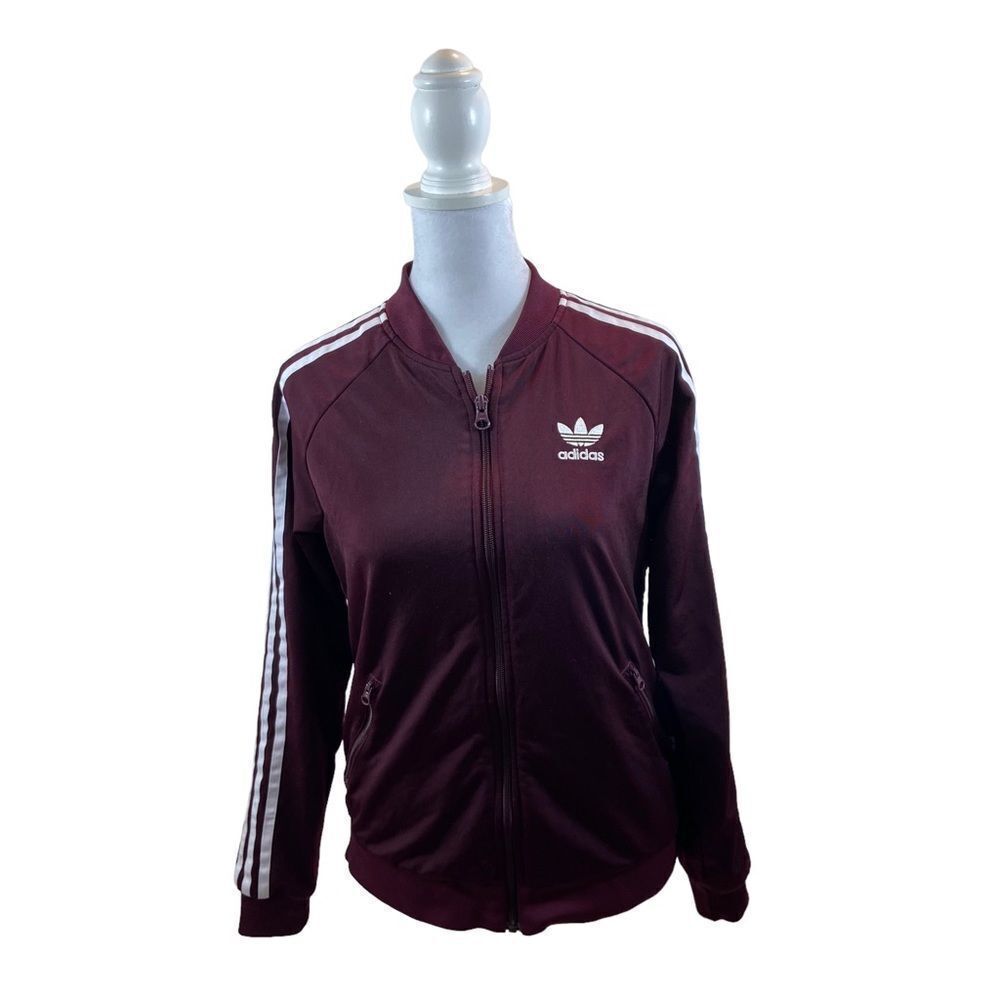 Ladies Small Maroon Full Zip Adidas Triple Stripe Trefoil Track Jacket Small - Picture 6 of 15